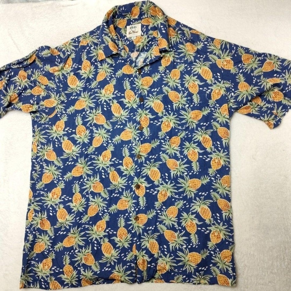 Pau Hana Shirt Mens M Blue Pineapple Hawaiian Rayon Button-Up Casual Summer